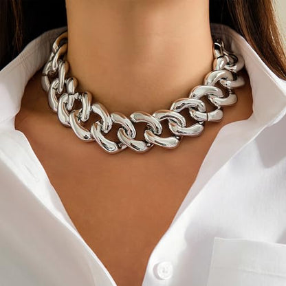 Chunky Link Cuban Chains Necklace Women's Punk Hip-hop Thick Gold Chain Choker Necklace Fashion Costume Jewelry for Women (gold) - color: Silver