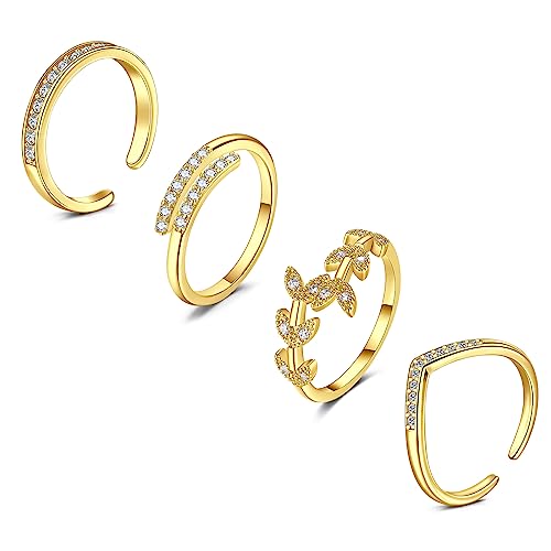 JFORYOU Toe Rings for Women Adjustable Open Toe Rings with Anklet Set CZ Flower Toes Ring for Summer Beach Foot Jewelry - color: 4pcs-golden toe rings Style A
