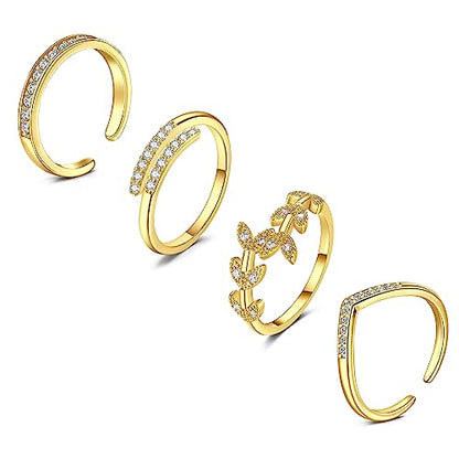 JFORYOU Toe Rings for Women Adjustable Open Toe Rings with Anklet Set CZ Flower Toes Ring for Summer Beach Foot Jewelry - color: 4pcs-golden toe rings Style A