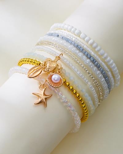 Shell Bracelets for Women Layered Seashell Starfish Bracelets Stackable Stretch Boho Beaded Bracelet Summer Beach Surfer Bracelet Seaside Beach Dress Outfits Accessories - color: A8:shell bracelets