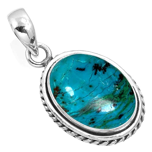 Chunky Natural Gemstone Pendant Necklace For Women Onyx, Turquoise, Amber, Garnet Oval Boho Genuine 925 Sterling Silver Handmade Jewelry - color: Chrysocolla