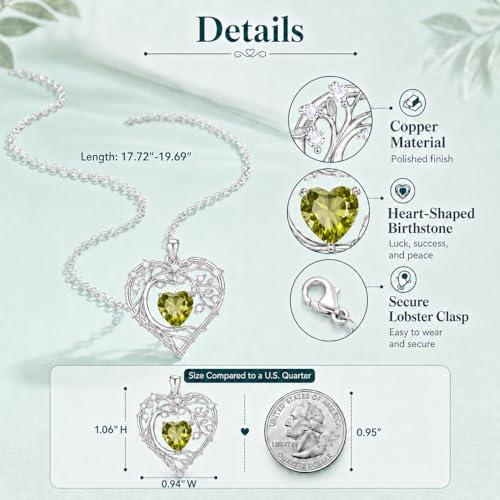 Gamtic Tree of Life Birthstone Pendant Necklace - Heart Cubic Zirconia Diamond Necklace Birth Month Necklaces Birthday Gift for Her Wife Mom Daughter Grandma Girlfriend Anniversary Jewelry Gift - style: August