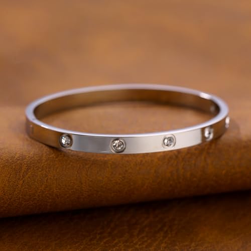 Women's Stainless Steel 18K Gold-Plated Cubic Zirconia Bracelet, Love and Friendship Jewelry Bracelet, Cuff Crystal Jewelry for Mother's Day, Father's Day, Valentine's Day, the Best Gifts for Married and Birthdays - color: Zircon Silvery