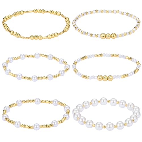 Ornaland Pearl Bracelets for Women Gold Beaded Bracelets Stackable Bracelets Set Stretch Summer Beach Jewelry for Women - style: Style A-6pcs