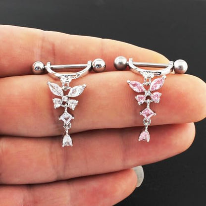 14G Butterfly Dangle Nipple Rings Stainless Steel Clear CZ Nipplerings D-shaped Nipple Barbell Pink White Butterfly Nipple Piercing Jewelry - color: Pink