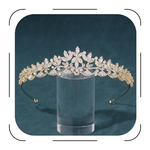 Gold CZ Wedding Tiaras for Brides Floral Princess Crowns for Women Cubic Zirconia Bridal Headband Sweet 16 Crown Birthday Hair Accessories - color: Gold