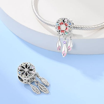 LNQOBU 925 Sterling Silver Charms for Bracelets Dangle Pendant fit Pandora Bracelets or Necklaces Jewelry Woman Gift Beads Charm (With one Spacer Beads) - style: Dreamcatcher Sakura Beads