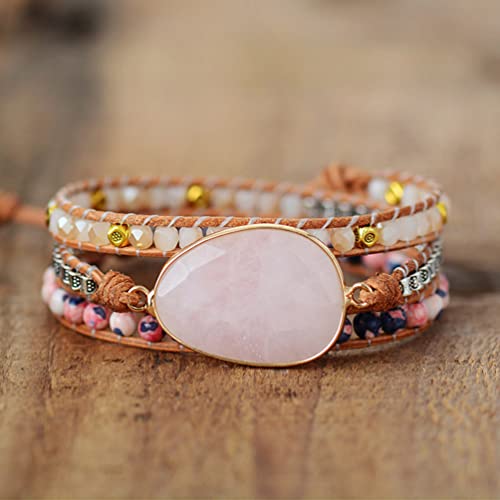 Handmade Boho Wrap Bracelets Natural Turquoise Crystal Stone Variety Beaded Strand Bracelet - color: Pink Agate