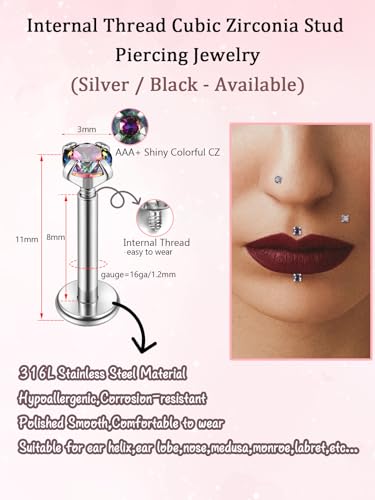 PiercingJ 2-4pcs 16g 316L Stainless Steel 3mm Cubic Zirconia Labret Monroe Lip Ring/Tragus/Helix Earring,6-12mm Bar Length - style: Color zirconia / 8mm black bar