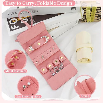 Travel Jewellery Organizer, Foldable Roll-Up Jewelry Travel Pouch, Portable Small Jewelry Travel Case for Necklaces Rings Earrings (Pink) - color: Pink