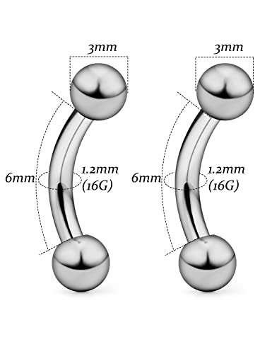 14G 16G Eyebrow Piercing Jewelry G23 Titanium Curved Barbell Eyebrow Ring Vertical Labret Lip Jewelry Rook Daith Earrings Piercing Jewelry for Women Men 6mm 8mm 10mm 12mm 14mm 16mm - color: 16G-6mm