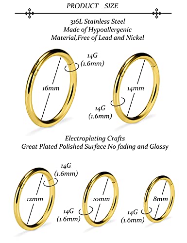 Vsnnsns 14G 16G Septum Nose Rings Hoops Lip Ring Piercing Jewelry 316L Surgical Steel Hinged Segment Clicker Cartilage Tragus Helix Conch Rook Daith Lobe Earrings Hoops Piercing Jewelry for Women Men - color: 14G-Gold
