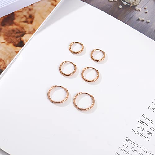 Osayia 316L Surgical Stainless Steel Small Hoop Earrings 8mm 10mm 12mm Hypoallergenic Huggie Thin Hoop Earrings Helix Lobes Hinged Sleeper Earrings Men Women for Cartilage Piercings - color: I: Rose Gold (Diameter 8mm/10mm/12mm),3 Pairs