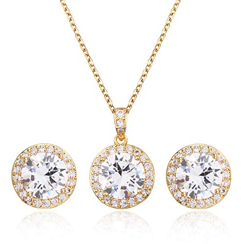 Bridal Crystal Jewelry Set - Sterling Silver Round Cubic Zirconia CZ Rhinestone Halo Birthstone Pendant Necklace Stud Earrings Set for Wedding Bride Bridesmaids Birthday Gift - color: Yellow Gold