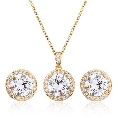 Bridal Crystal Jewelry Set - Sterling Silver Round Cubic Zirconia CZ Rhinestone Halo Birthstone Pendant Necklace Stud Earrings Set for Wedding Bride Bridesmaids Birthday Gift - color: Yellow Gold