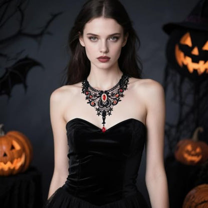 Vampire Choker Necklace for Women Gothic Lace Choker Necklace Y2K Goth Red Black Zirconia Pendant Necklaces Halloween Dark Bridal Vampire Costume Jewelry Accessories - style: Style-J