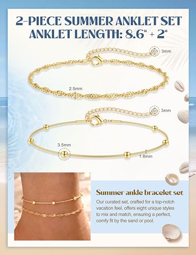Subiceto Ankle Bracelets for Women Waterproof - 14K Gold Plated Non Tarnish Anklets Set Dainty Stainless Steel Stackable Layered for Beach Summer Jewelry Adjustable - color: 2Pcs-14K Gold Plated