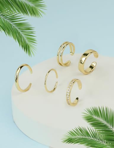 5Pcs 14K Gold Filled Toe Rings for Women Non Tarnish Adjustable Gold CZ Wide Band Toe Rings Summer Beach Waterproof Open Gold Toe Ring Jewelry for Summer - color: gold