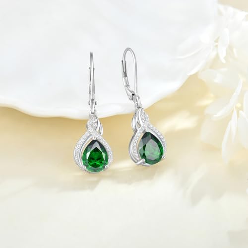 925 Sterling Silver Infinity Teardrop Earrings for Women | Lwsary Dangle Drop Leverback Earrings, Pear Shaped Birthstone Jewelry for Her - color: Green