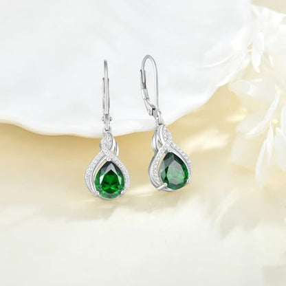925 Sterling Silver Infinity Teardrop Earrings for Women | Lwsary Dangle Drop Leverback Earrings, Pear Shaped Birthstone Jewelry for Her - color: Green