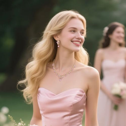 Women's Wedding Jewelry Set Leaf Flower for Bridal Prom Party | Stunning Crystal Teardrop Marquise Cluster Pendant Necklace Dangle Earrings Set for Bride Bridesmaid - color: Pink Gold-Plated-Base