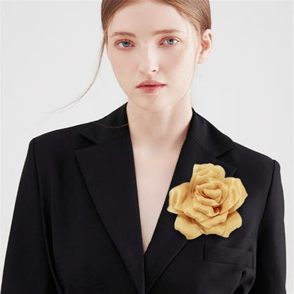 Flash Camellia Flower Brooch Pin for Women Men Elegant Texture Fabric Dahlia Rose Floral Brooches Lapel Pins Dainty Wedding Holiday Party Costume Dress Accessories Jewelry - color: Gold-Tone