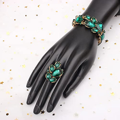 Women's Wedding Bridal Austrian Crystal Glass Teardrop Statement Necklace Dangle Earrings Bracelet Ring Wedding Party Jewelry Set for Bridal Bridesmaid - color: Green-Gold Plated