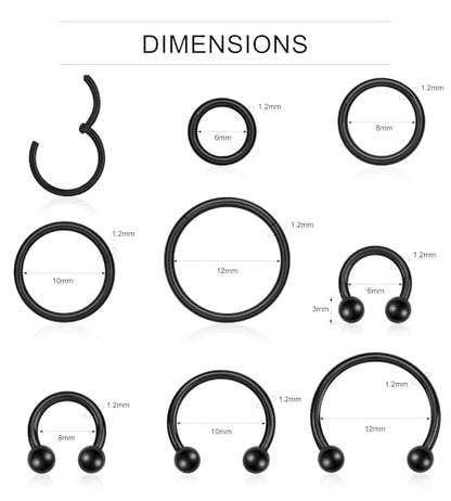 16PCS Surgical Stainless Steel Hinged Clicker Segment Horseshoe Septum Lip Eyebrow Rings 16G Nose Ring Hoop Cartilage Helix Conch Tragus Rook Daith Earrings Piercing Jewelry for Women Men 6mm 8mm 10mm 12mm - color: Black Tone