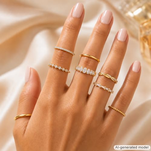 KISS WIFE Gold Stackable Rings for Women, 14K Gold Plated Ring Set | Smooth, twisted and sparkling band styles in sizes 6-9, designed to wear alone, mix together or create layered looks