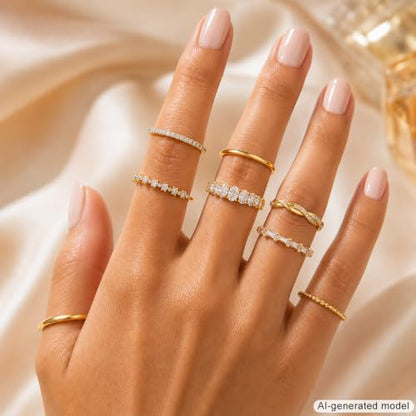 KISS WIFE Gold Stackable Rings for Women, 14K Gold Plated Ring Set | Smooth, twisted and sparkling band styles in sizes 6-9, designed to wear alone, mix together or create layered looks