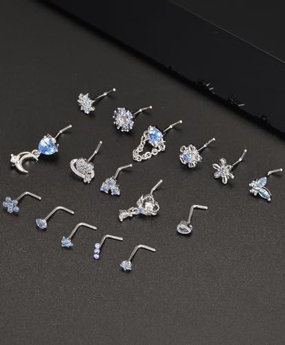 Tornito 16Pcs Nose Rings L Shaped Nose Stud Stainless Steel Butterfly Flower Leaf Heart Moon Dangle Nose Stud Ring Body Piercing Jewelry for Women Men 20G Pink Blue Clear CZ - color: C: Blue