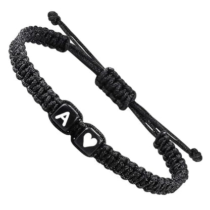 Valentines Day Gifts for Him Her Heart Love Letter Initial Matching Couple Bracelets for Women Men Teen Gifts Best Friend Graduation Birthday Gifts A-Z Braided Bracelet Son Daughter Dad Jewelry - color: Black-A