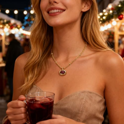 Jean Beau Gold Stone Pendant Necklaces for Women, Chunky Gemstone Dangle Necklace Wedding Prom Fashion Jewelry Gift - color: Garnet