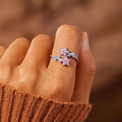 Adjustable Leaf Stackable Rings for Women Cubic Zirconia Stones Blue Leaves Purple Flower Open Band Stacking Finger Sliver Rings Fashion Plant Floral Aesthetic CZ Jewelry - color: flower leaf