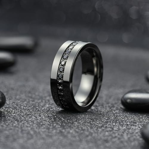 King Will Mens Tungsten Wedding Band with Cubic Zircon Inlay 7mm/8mm Flat Cut Comfort Fit Engagement Rings - color: Gunmetal&Black