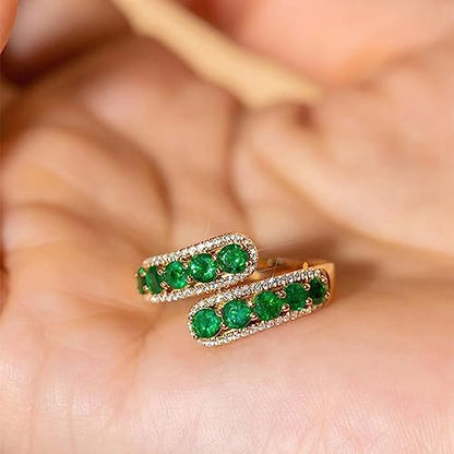14K Golden Plated Green Crystal Adjustable Open Ring CZ Simulated Emerald Stacking Statement Wrap Finger Bands Rings Sparkling Jewelry Gifts for Women Birthday