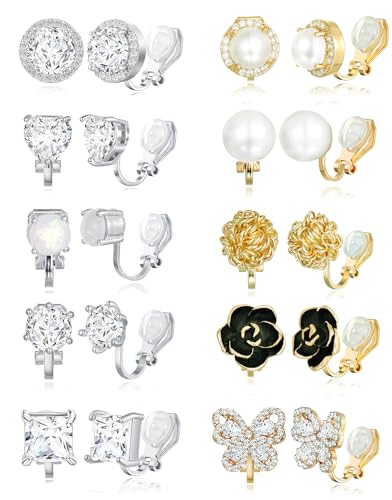 Tornito 10-15 Pairs Clip on Stud Earrings Non Pierced Teardrop Round Square CZ Pearl Twist Knot Flower Butterfly Heart Star Rainbow Cat Opal Clip on Earrings for Women - color: H: 10 Pairs