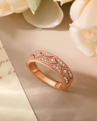 Jeulia Womens Wide Eternity Ring Wedding Band, Milgrain Round Cut 18k White Gold Plated Eternity Band Ring Romantic Birthday Anniversary Jewelry with Gift Box - color: Rose Gold