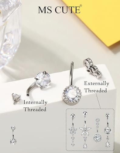 5PCS Belly Button Rings for Women Girls, 14G Surgical Steel Navel Rings Set, Gold & Silver CZ Dangle Body Piercing Jewelry - color: Silver-Flower