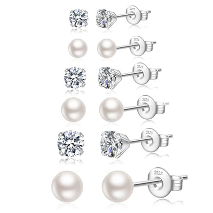 JEMARA Sterling Silver Stud Earrings for Women Pearl Earrings Non Tarnish | Hypoallergenic 925 Sterling Silver Pearl Cubic Zirconia Studs Set Trendy Earrings for Sensitive Ears 6 Pairs - color: 6Pairs Pearl+CZ-Silver