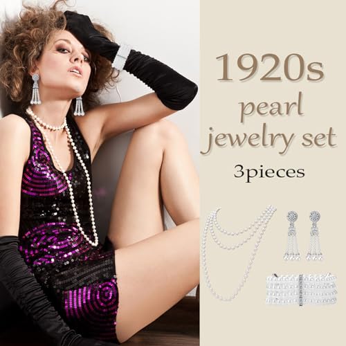 1920s Pearl Jewelry Set - Long Pearl Necklace, Earring Set, Multilayer Bracelet - Flapper Accessories for Women - color: Noble