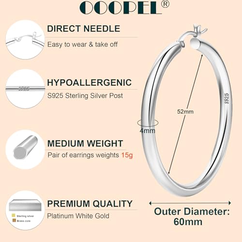4mm Thick Gold Chunky Earrings Steling Silver Post Hoops Earrings For Women Hollow Tube Hoops Earrings Thick Gold Hoop Earrings Hypoallergenic Lightweight Gold Hoop Large Earrings 20/30/40/50/60MM - color: Silver,60mm