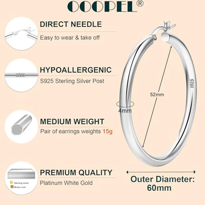4mm Thick Gold Chunky Earrings Steling Silver Post Hoops Earrings For Women Hollow Tube Hoops Earrings Thick Gold Hoop Earrings Hypoallergenic Lightweight Gold Hoop Large Earrings 20/30/40/50/60MM - color: Silver,60mm