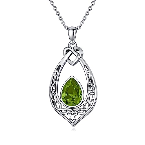 AOBOCO Celtic Knot Necklace 925 Sterling Silver Oxidized Vintage Love Knot Pendant Necklace with Simulated Birthstone Crystal, Birthday Christmas Jewellery Gifts for Women - color: Peridot Green