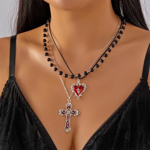 Gothic Necklaces for Women Cross Heart Pendant Layered Necklace Statement Jewelry Dark Romantic Gift for Halloween Parties - color: B:red
