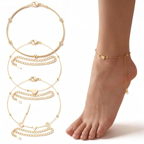14K Gold-Plated Anklets for Women, 3Pcs Dainty Golden Anklet Set, Waterproof Tarnish Resistant Adjustable Ankle Bracelets (8.26"+1.57" Extender), Hypoallergenic Summer Jewelry Gift