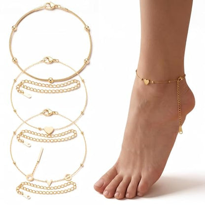 14K Gold-Plated Anklets for Women, 3Pcs Dainty Golden Anklet Set, Waterproof Tarnish Resistant Adjustable Ankle Bracelets (8.26"+1.57" Extender), Hypoallergenic Summer Jewelry Gift