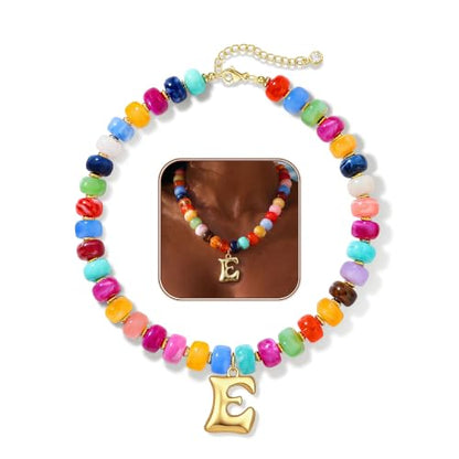 Colorful Chunky Beaded Necklaces for Women Bubble Letter Initial Choker | Boho Statement Bead Necklace, Personalized Rainbow Gemstone Necklaces, Baublebar Gold Necklace Stack, Summer Beach Jewelry - color: Initial E