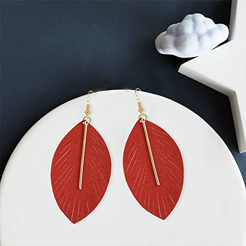 GBAHFY Feather Leather Layered Fringe Earrings for Women Boho Genuine Lightweight Leather Leaf Tassel Dangle Statement Earrings with Metal Bar - color: Red