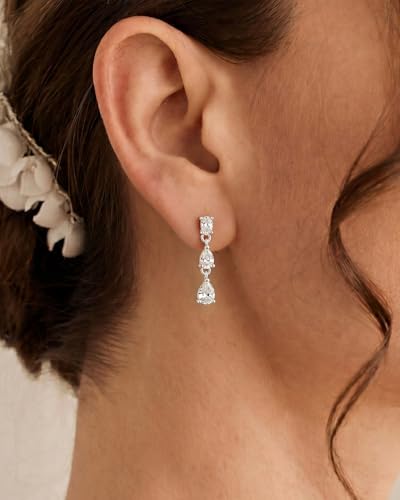 Dangle Earrings for Women - 14K Gold/White Gold/Rose Gold Plated Butterfly Heart Star Hoop Chain Long Tassel Cubic Zirconia CZ Dangle Earrings - color: silver teardrop
